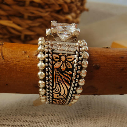 3pc Sterling Silver Retro Flower Square Moissanite Western Promise Rings