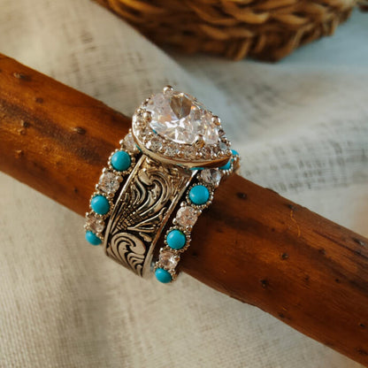 3pc Sterling Silver Pear Vintage Western Wedding Rings with Turquoise