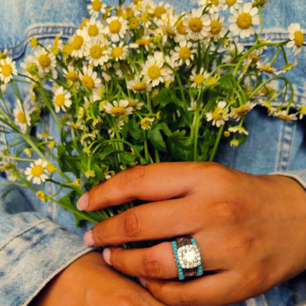 3pc Sterling Silver Flower Turquoise Western Diamond Ring