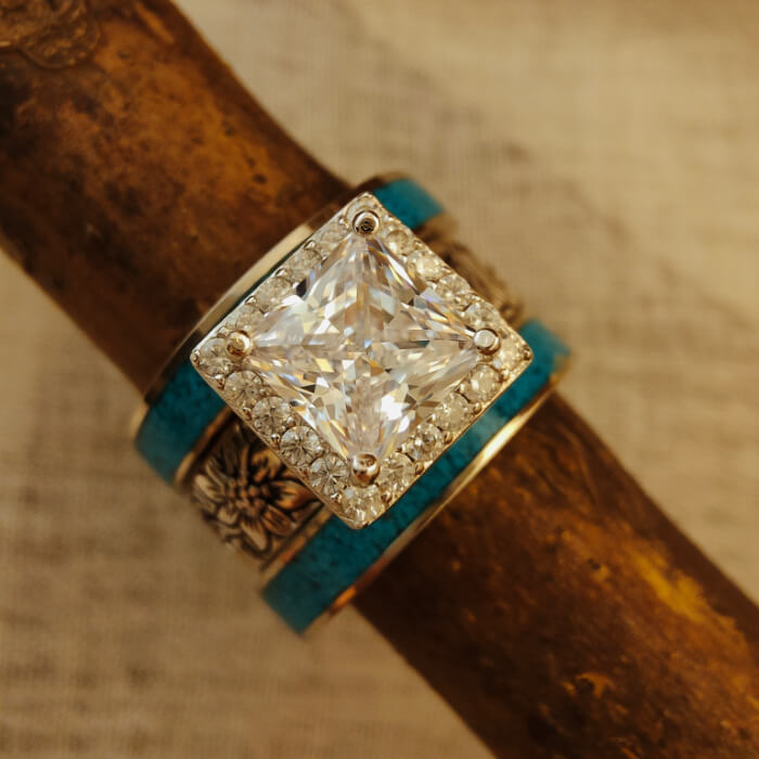 3pc Flower Princess Cut Crush Turquoise and Diamond Ring