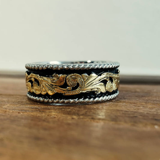 Western Gold Leaf Band Ring – Vintage Black Enamel Engraved Silver Ring