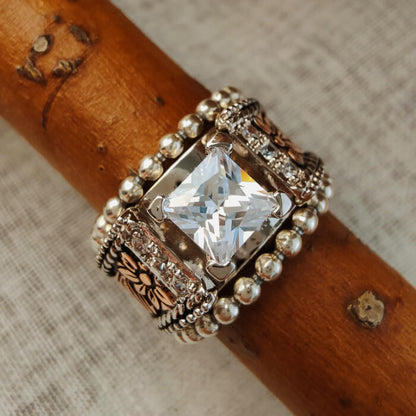 3pc Sterling Silver Retro Flower Square Moissanite Western Promise Rings