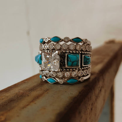 5pc Engraved Princess Diamond Turquoise Engagement Ring Set