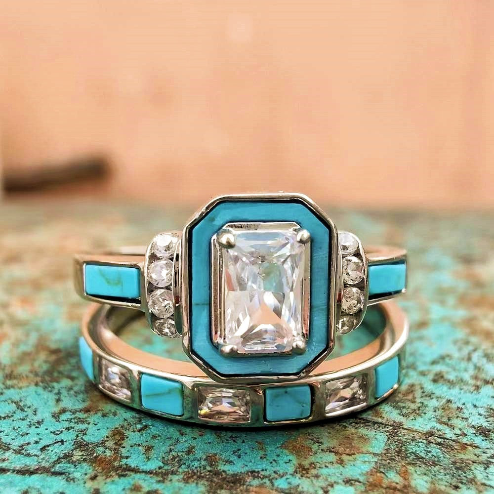 Square Turquoise Inlay Diamond Band Ring