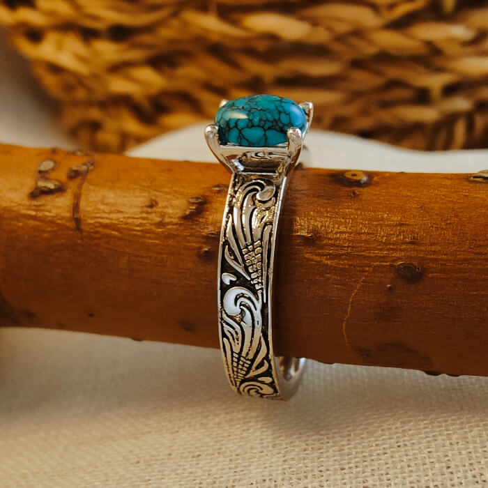 Flower Engraved Oval Nature Turquoise Western Ring
