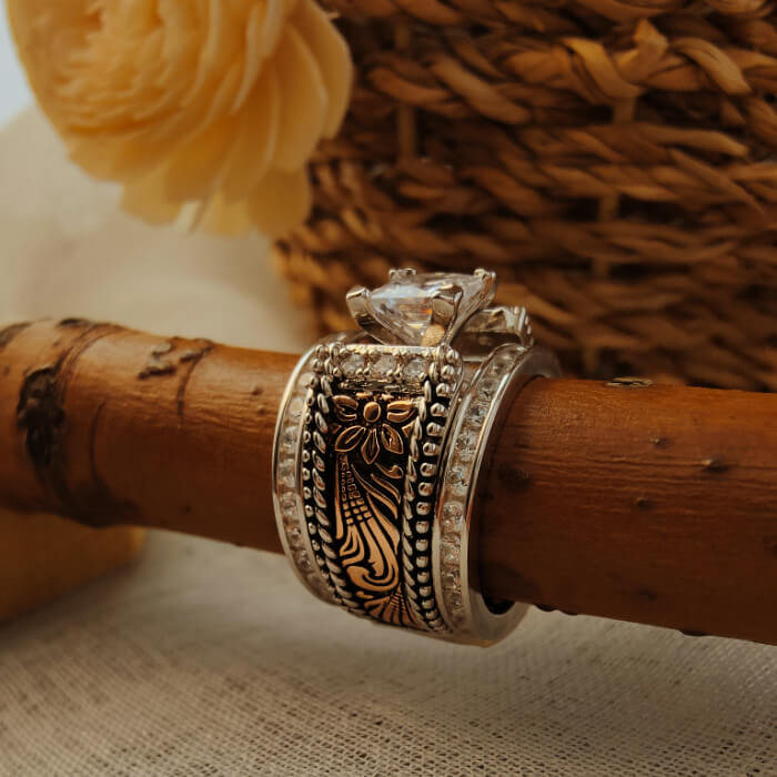 3pc Sterling Silver Flower Engraved Diamond Western Engagement Rings