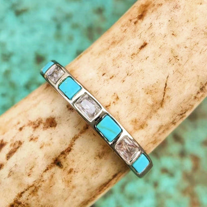 Square Turquoise Inlay Diamond Band Ring