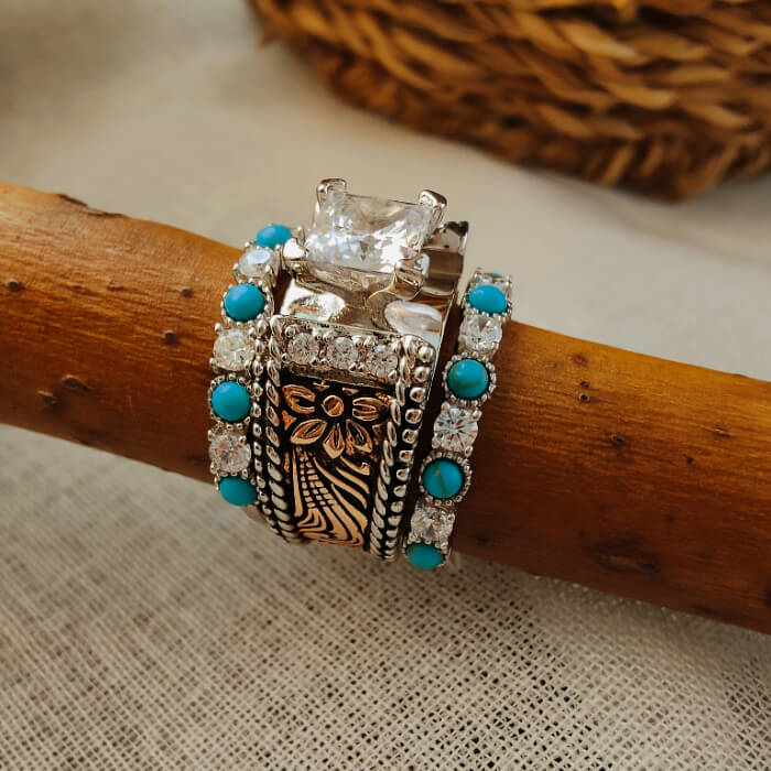 3pc Moissanite Flower Marquise Engagement Turquoise Rings