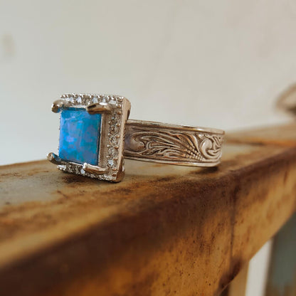Western Square Blue Opal Diamond Engagement Rings