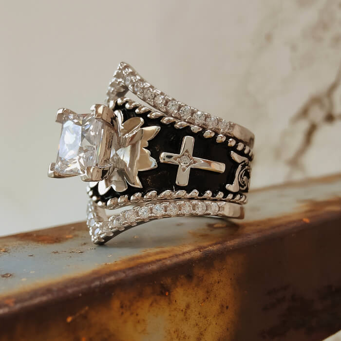 Western Cross Ring with Square Cut Stone – Vintage Gothic Cowboy Jewelry