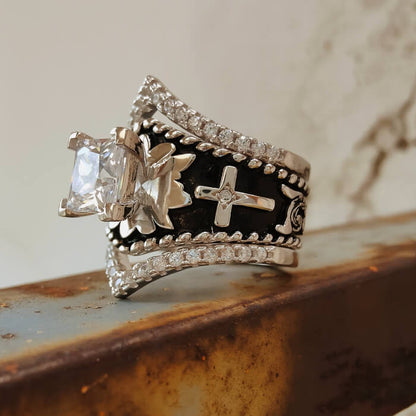 Western Cross Ring with Square Cut Stone – Vintage Gothic Cowboy Jewelry
