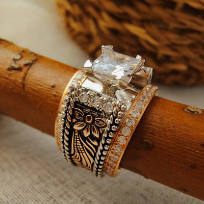 3pc Rose Gold Flower Square Diamond Western Promise Rings