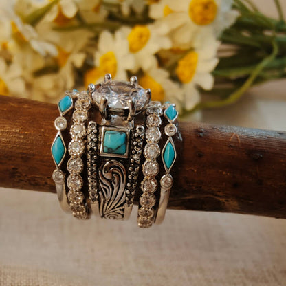 5pc Oval Cut VintageWestern Turquoise Wide Band Wedding Ring Set