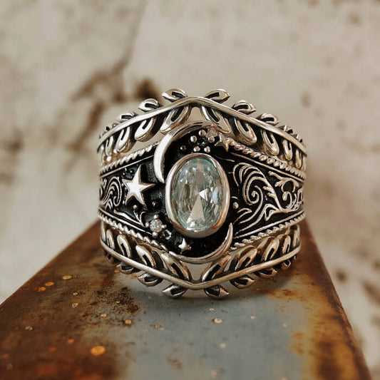3pc Wide Moon and Star Ring – Celestial Goddess Jewelry with Oval Gemston