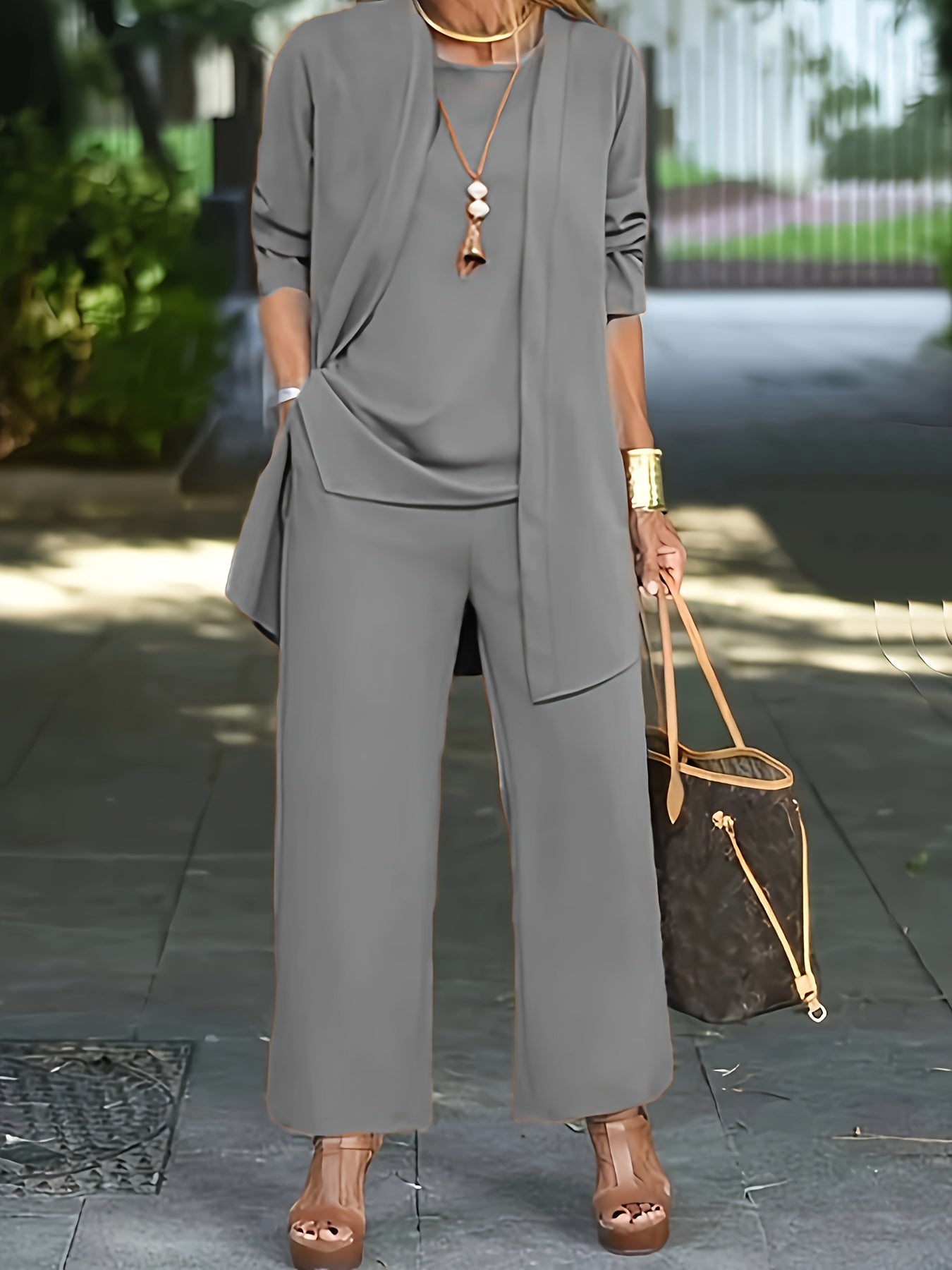 ⏰ LAST DAY SAVE 50% 💥2025 Casual Three-piece Solid Set, Long Sleeve Cardigan & Top & Long Pants Outfits