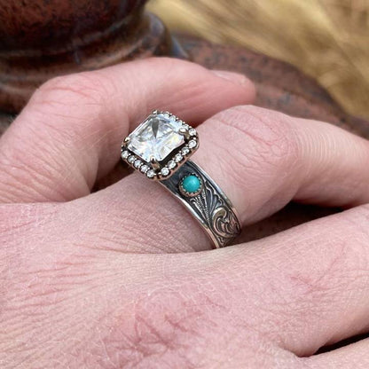 Western Radiant Cut Diamond Turquoise Engagement Ring