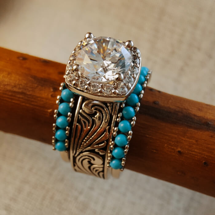 3pc Sterling Silver Flower Turquoise Western Diamond Ring
