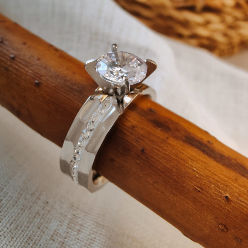 3pc Women Steel Turquoise Diamond Ring Set