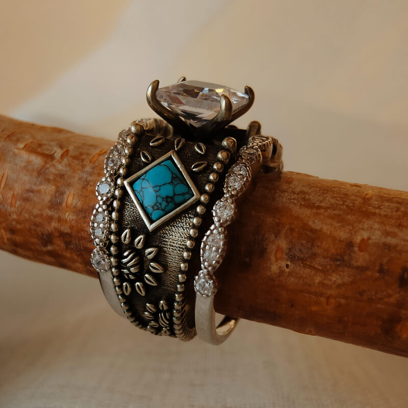 3pc Diamond Sterling Silver Vintage Turquoise Ring Set