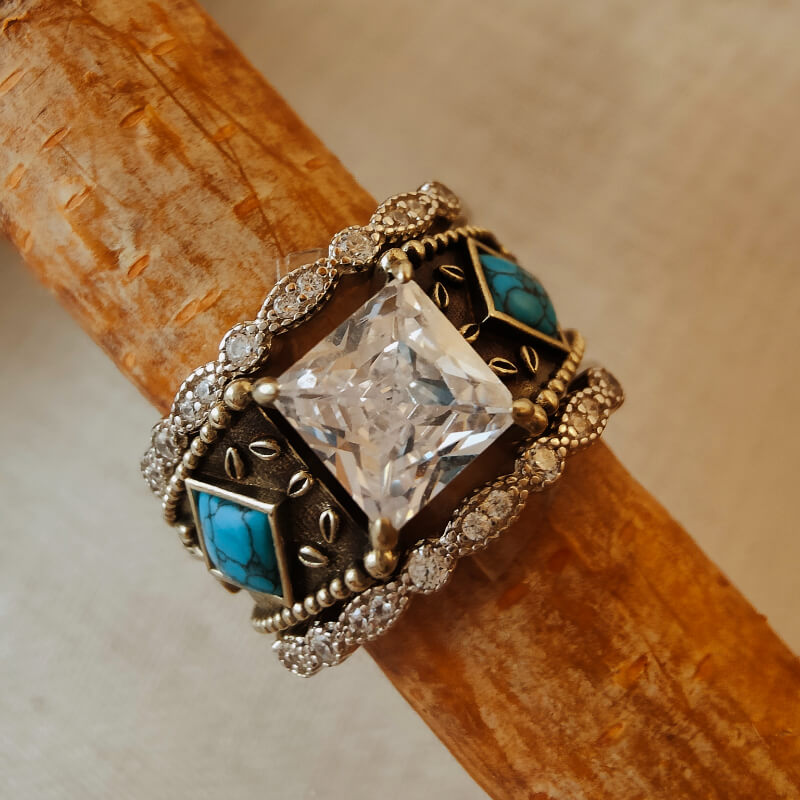 3pc Diamond Sterling Silver Vintage Turquoise Ring Set