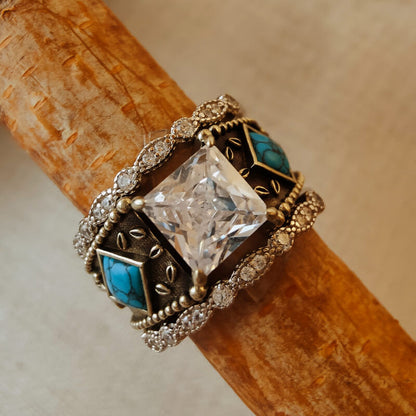 3pc Diamond Sterling Silver Vintage Turquoise Ring Set