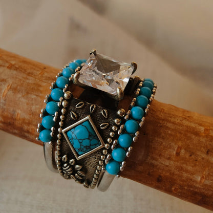 3pc Sterling Silver Turquoise Western Diamond Ring Set