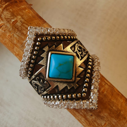 Western Engraved Symbol Square Cut Turquoise Ring
