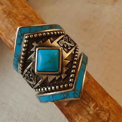 Western Engraved Symbol Square Cut Turquoise Ring