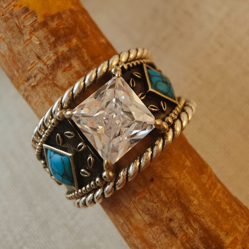 3pc Sterling Silver Western Engraved Square Diamond Ring