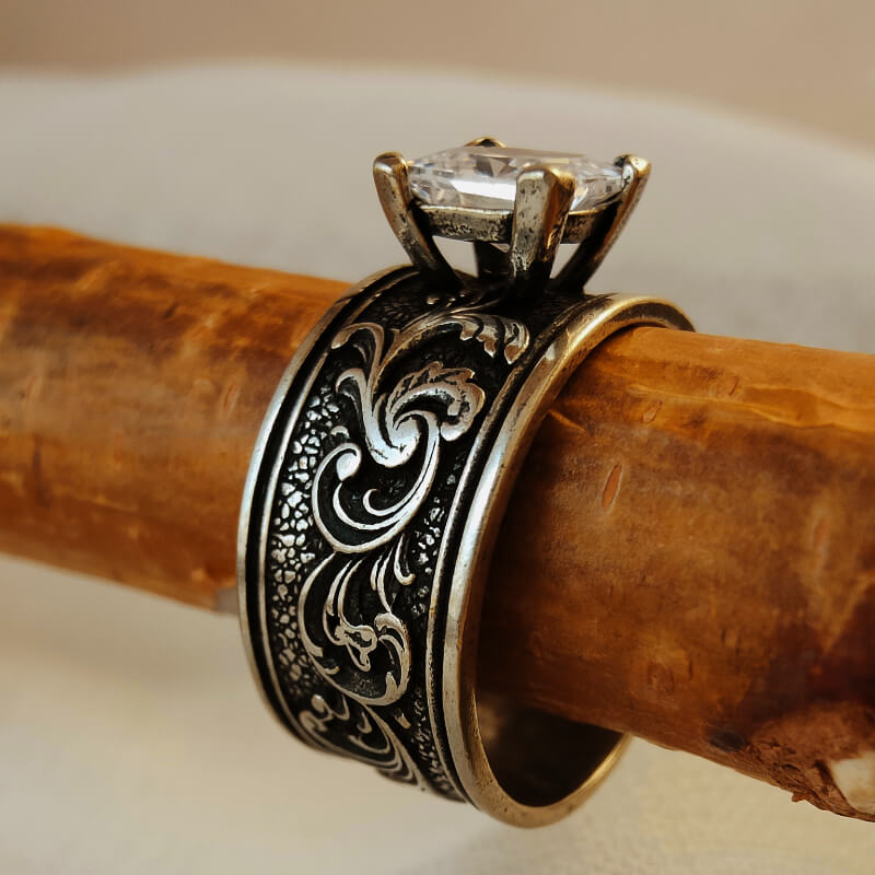 Cowgirl Silver Flower Carved Band Western Diamond Rings