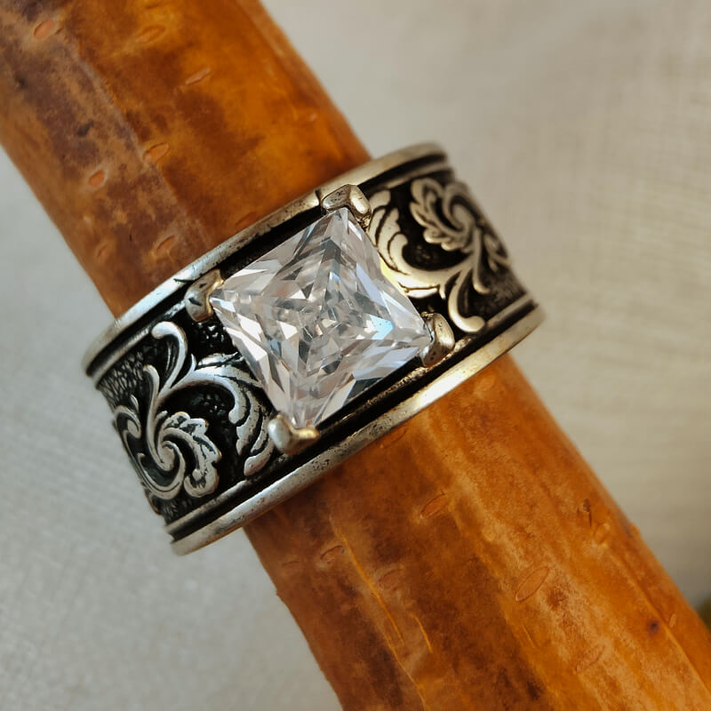 Cowgirl Silver Flower Carved Band Western Diamond Rings