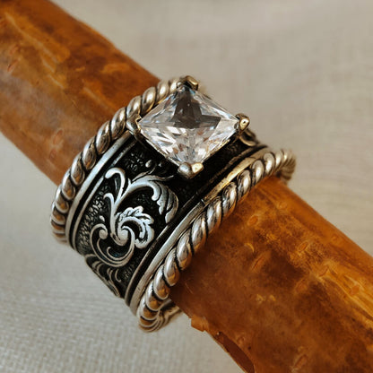 Cowgirl Silver Flower Carved Band Western Diamond Rings