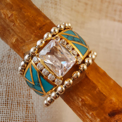 River Cuff Diamond Gold Turquoise Ring for Women