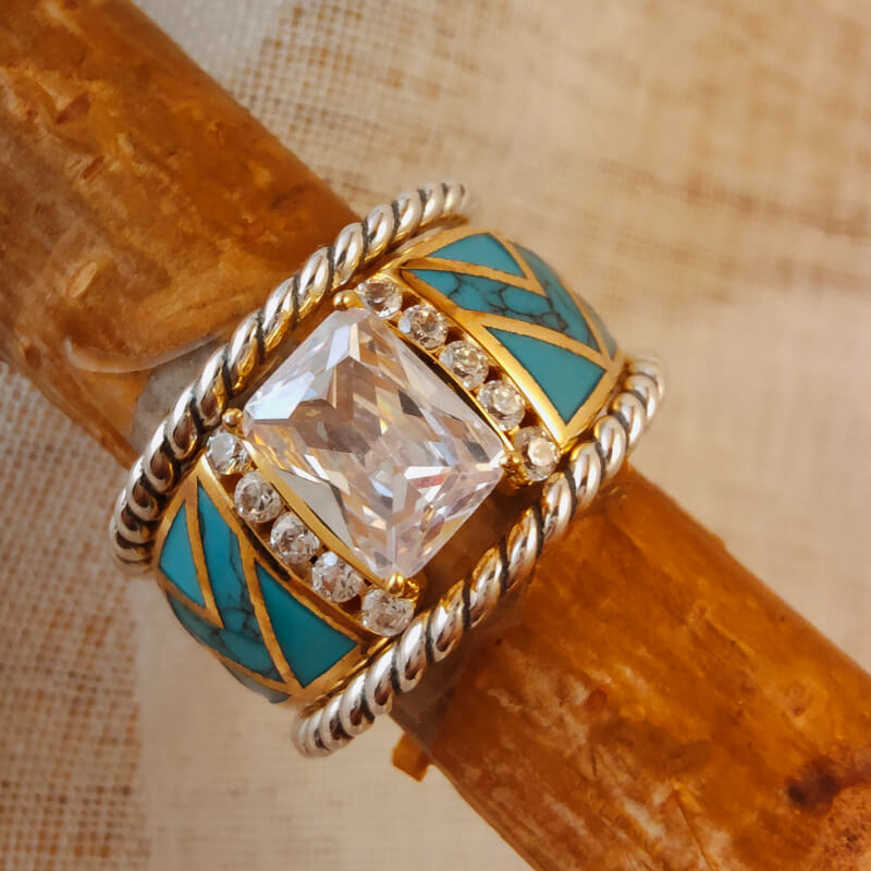 River Cuff Diamond Gold Turquoise Ring for Women
