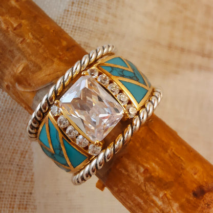River Cuff Diamond Gold Turquoise Ring for Women