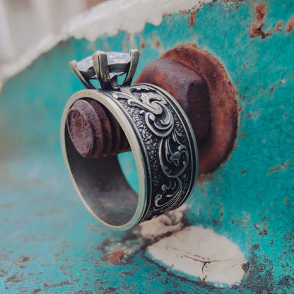 Cowgirl Silver Flower Carved Band Western Diamond Rings