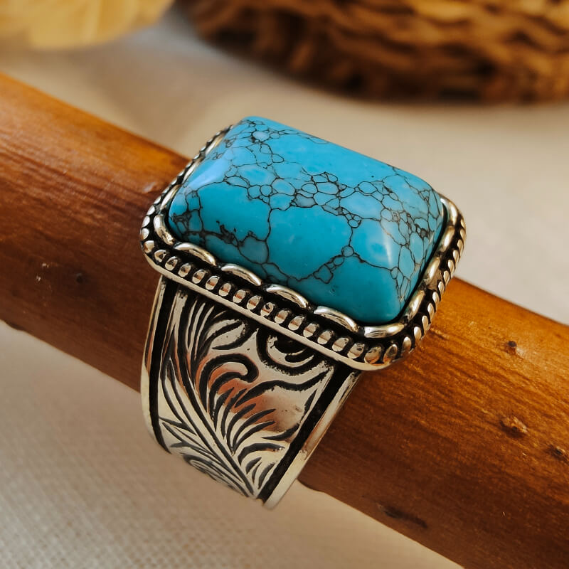 Flower Wide Band Rectangle Womens Turquoise Rings