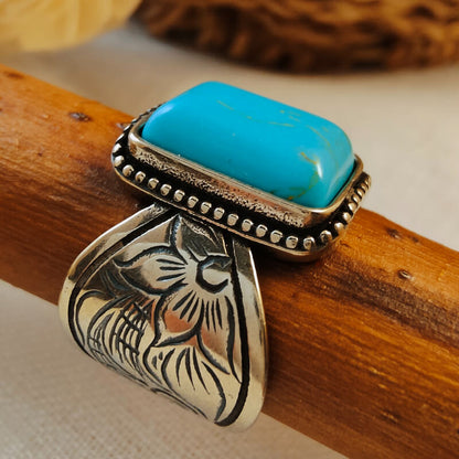 Flower Wave Band Rectangle Womens Turquoise Rings