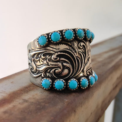 Western Engraved Symbol Square Cut Turquoise Ring