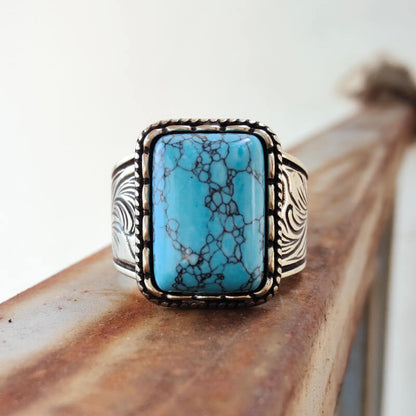 Flower Wide Band Rectangle Womens Turquoise Rings