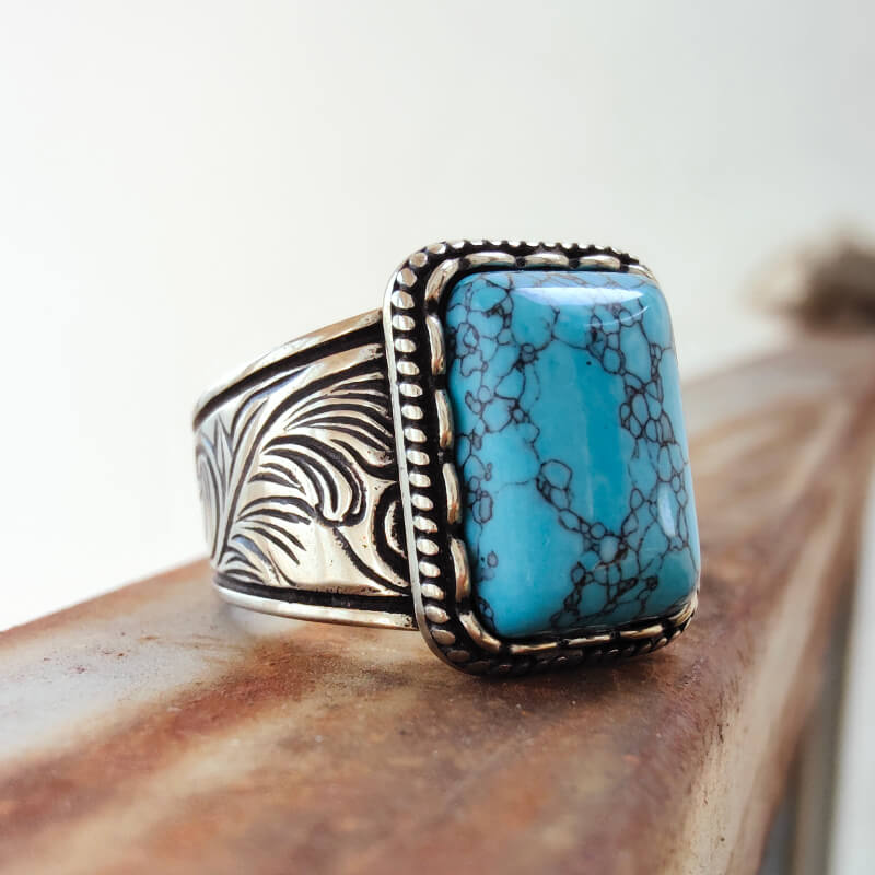 Flower Wide Band Rectangle Womens Turquoise Rings