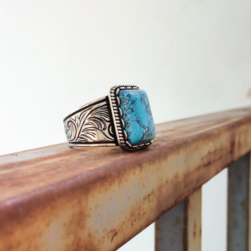 Flower Wide Band Rectangle Womens Turquoise Rings