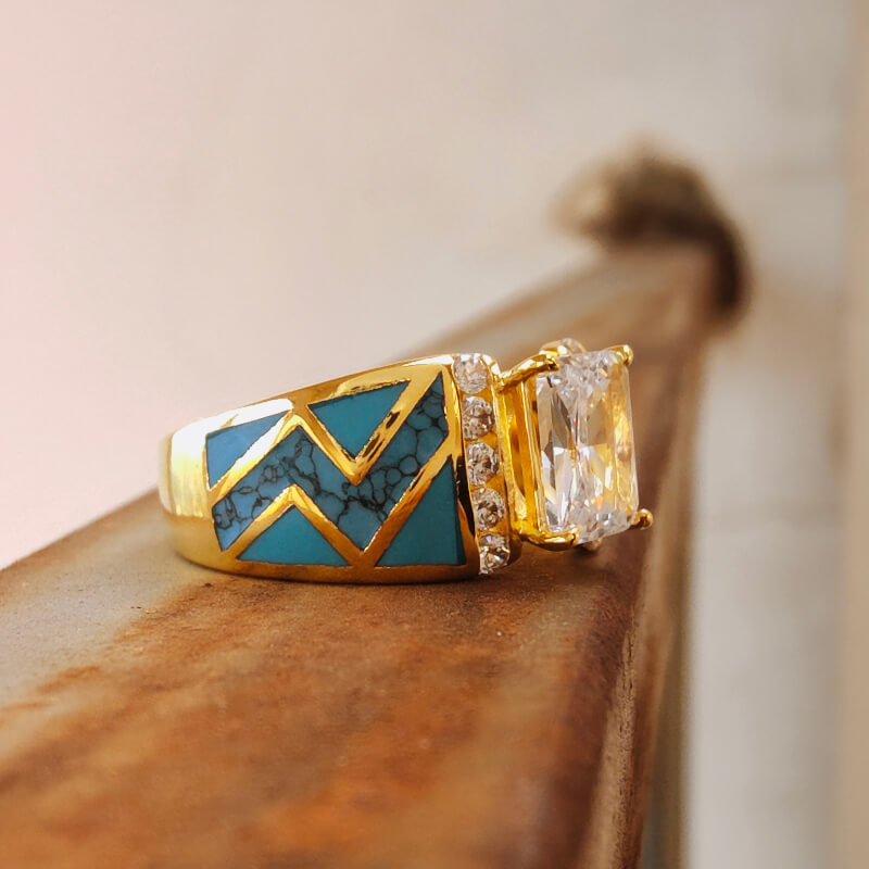 River Cuff Diamond Gold Turquoise Ring for Women
