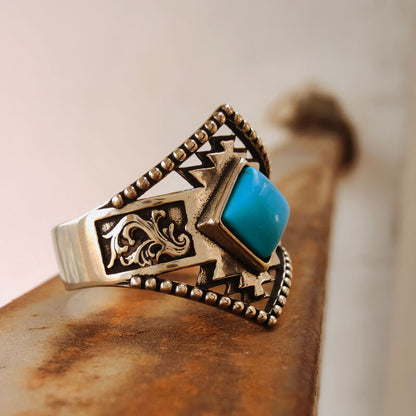 Western Engraved Symbol Square Cut Turquoise Ring