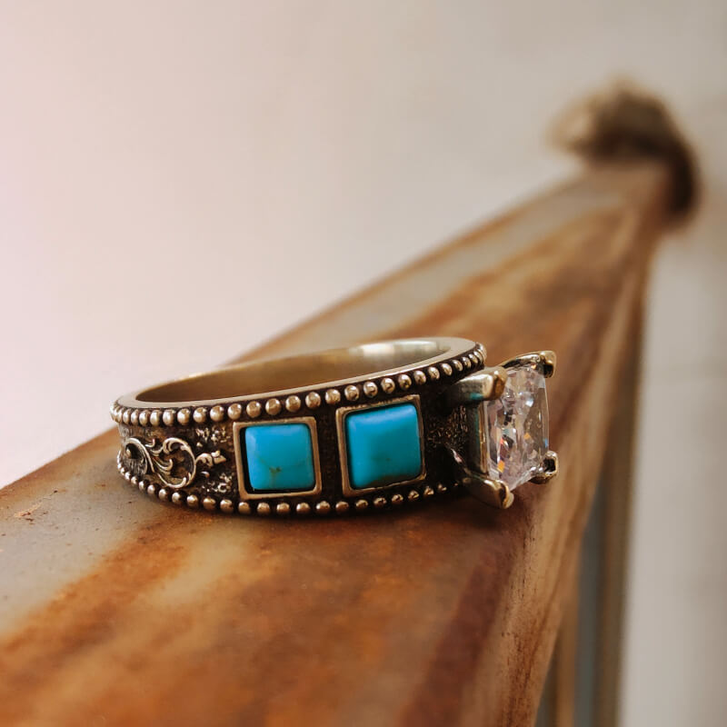 Square Engraved Vintage Turquoise Diamond Ring