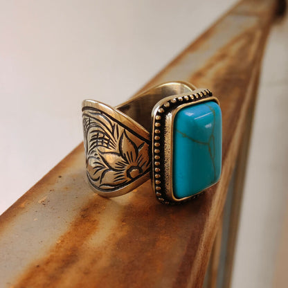 Flower Wave Band Rectangle Womens Turquoise Rings