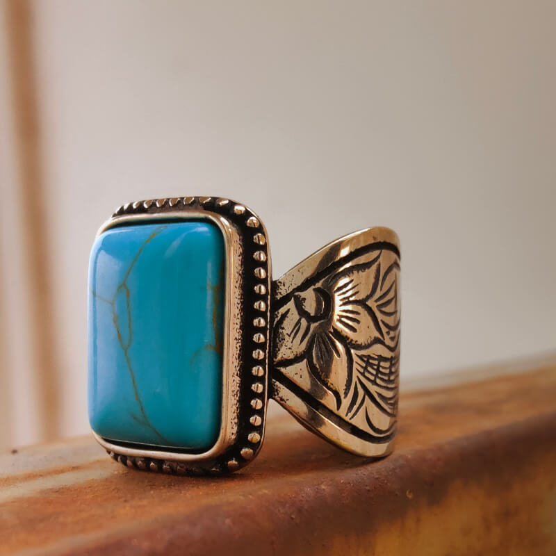 Flower Wave Band Rectangle Womens Turquoise Rings