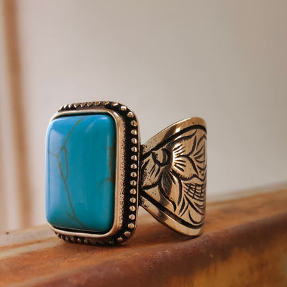 Flower Wave Band Rectangle Womens Turquoise Rings