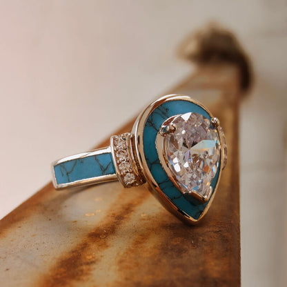 Pear Diamond Inlay Turquoise Engagement Ring