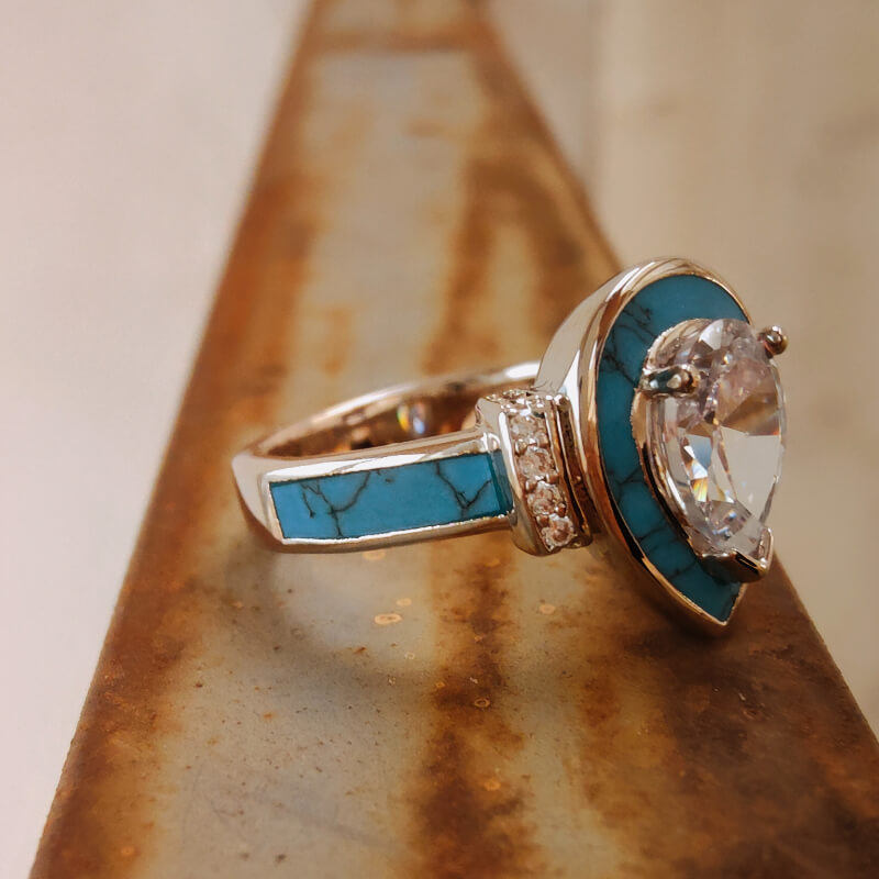 Pear Diamond Inlay Turquoise Engagement Ring